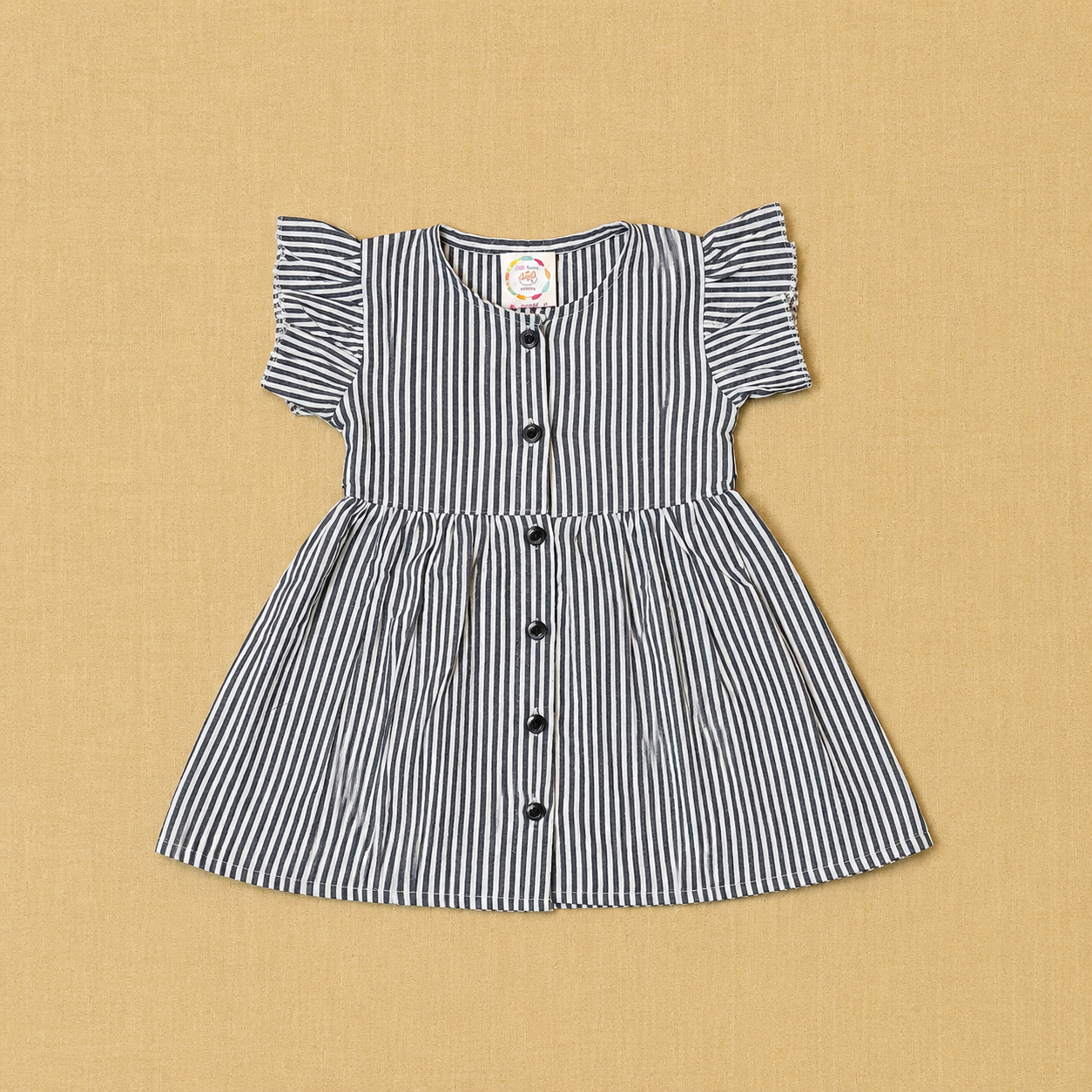 Muslin Frill Sleeve Baby Frock - Black Stripped