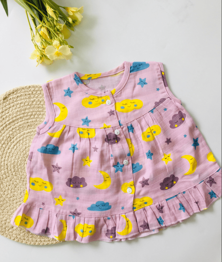 Baby Pink-Sky Theme Muslin Frock