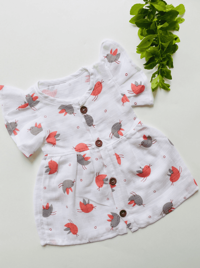 Birds Printed Muslin Button Frill Frock