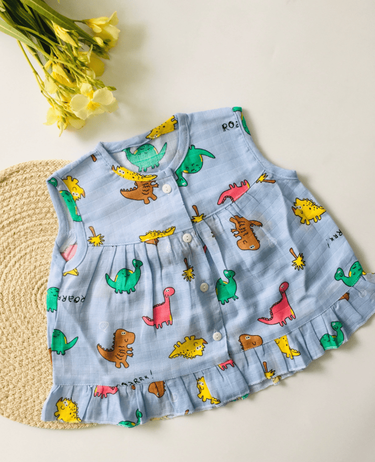 Blue -Roar Dino Muslin Frock
