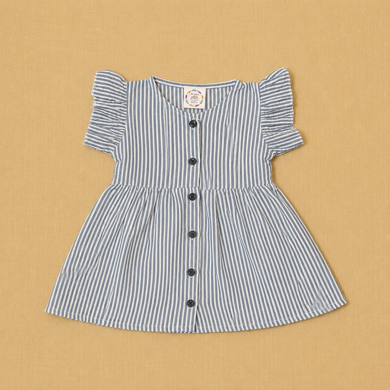 Muslin Frill Sleeve Baby Frock - Grey Stripped