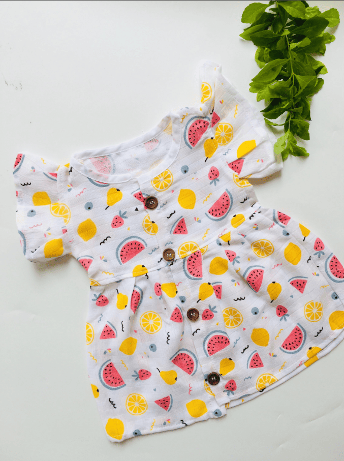 Fruitee Printed Muslin Button Frill Frock