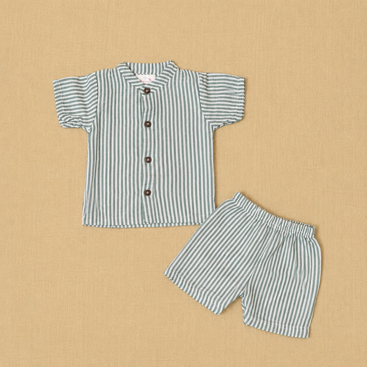 Muslin Mandarin Collar Set - Green Stripped