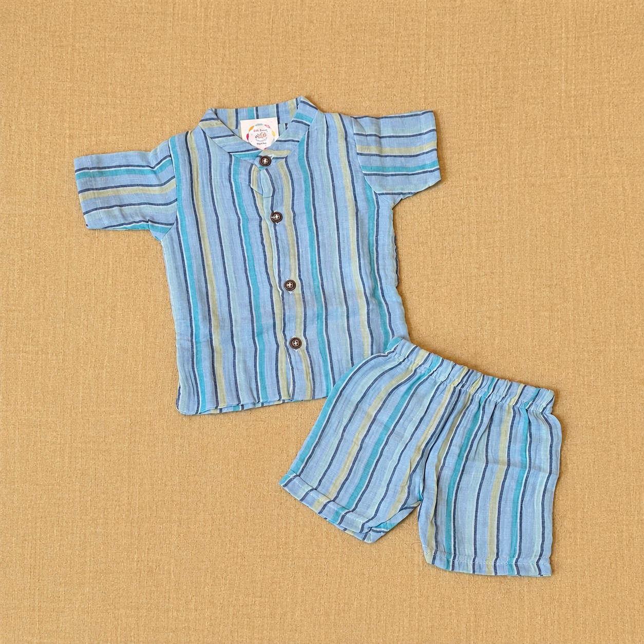 Muslin Mandarin Collar Set - Stripped