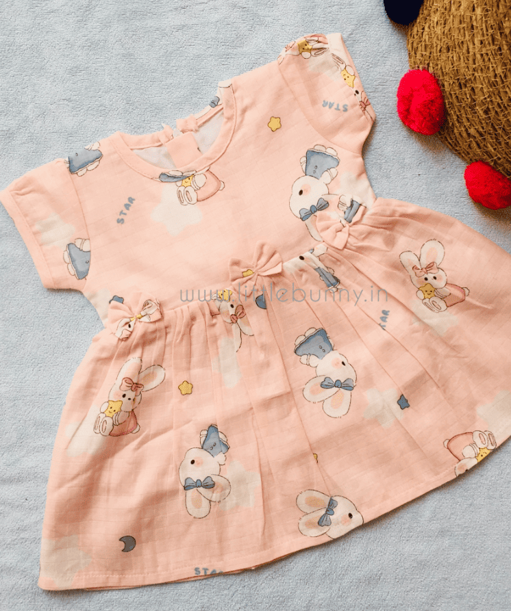 Peach Rabbit Printed Muslin frock