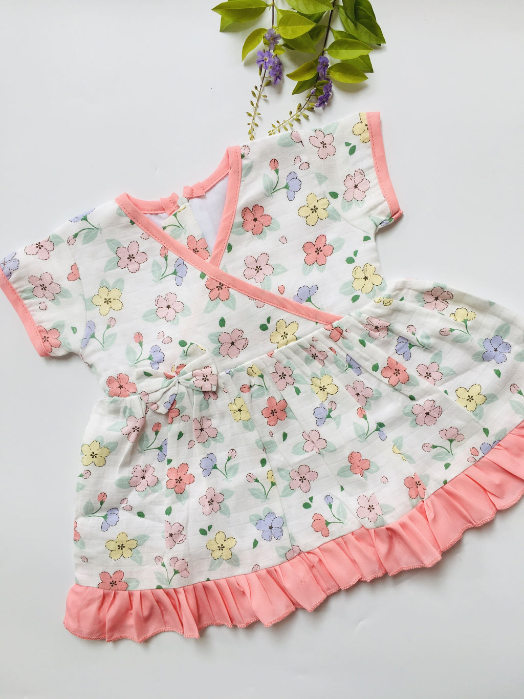 Peach floral -Muslin Crossover frock