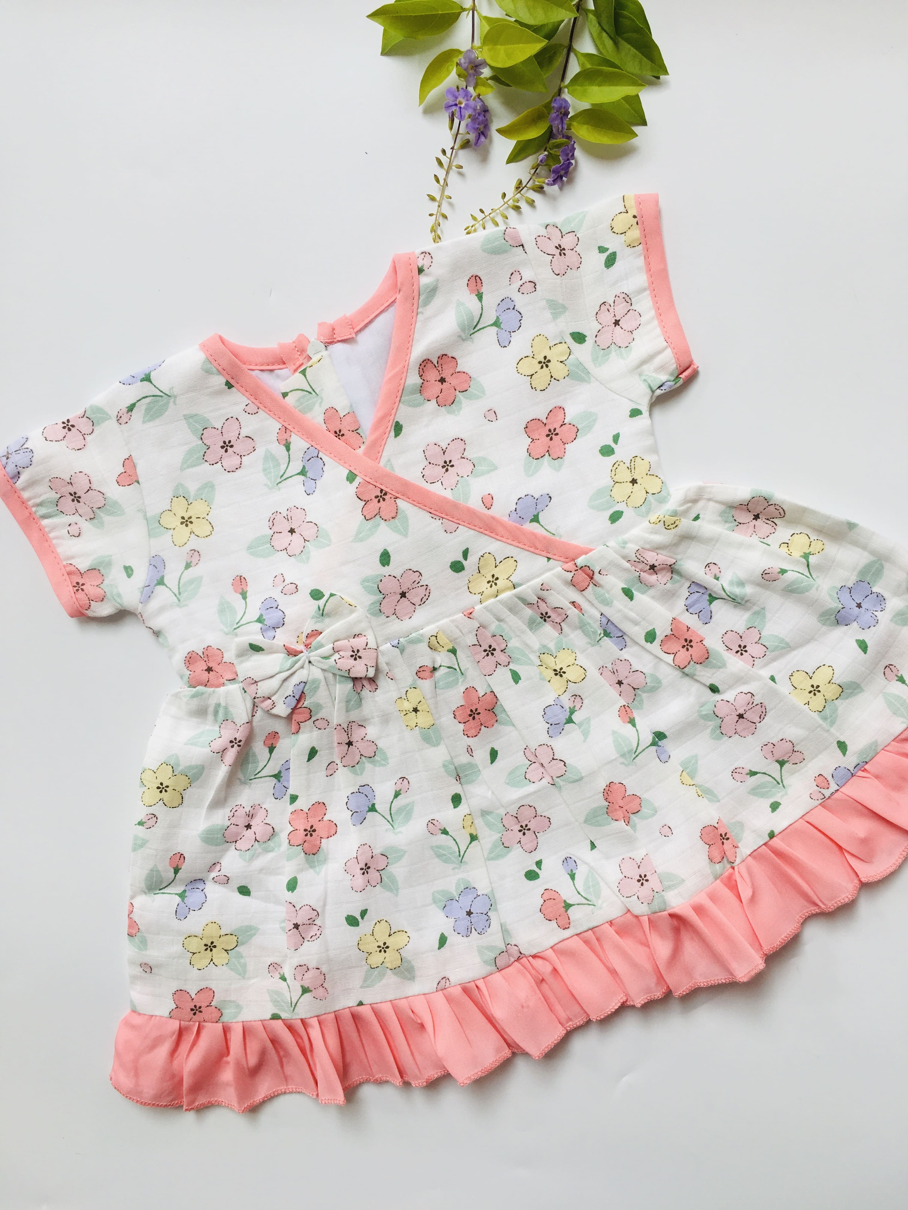 Peach floral -Muslin Crossover frock