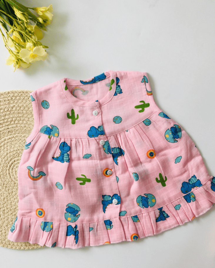 Pink -Blue Dino Muslin Frock