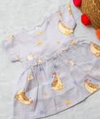 Sleeping Bear (Blue)Printed Muslin frock
