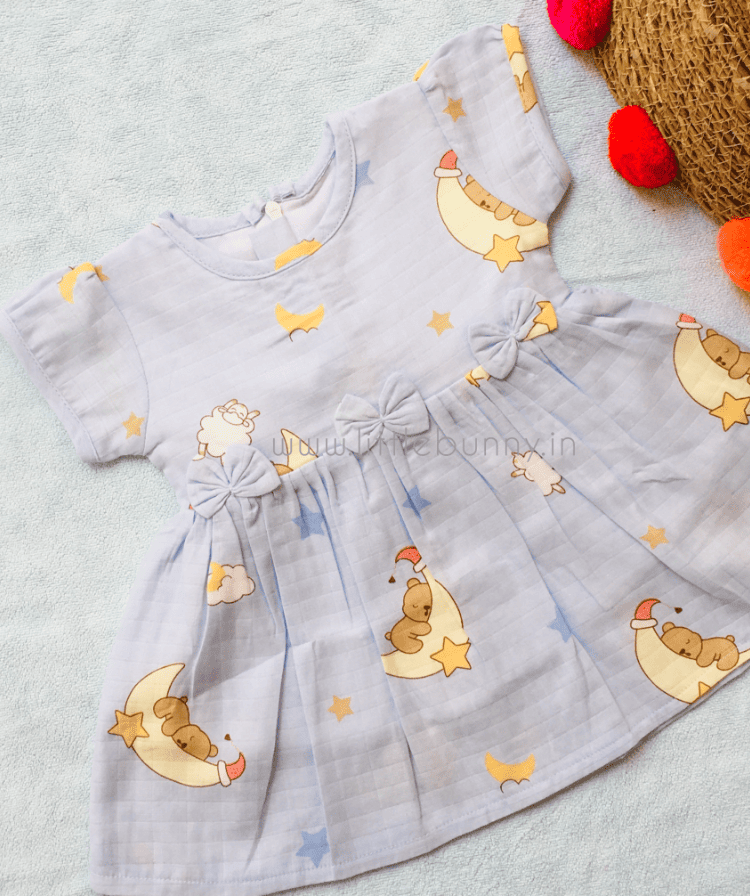 Sleeping Bear (Blue)Printed Muslin frock