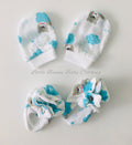 Teddy in Blue Clouds-Muslin Mittens and Booties