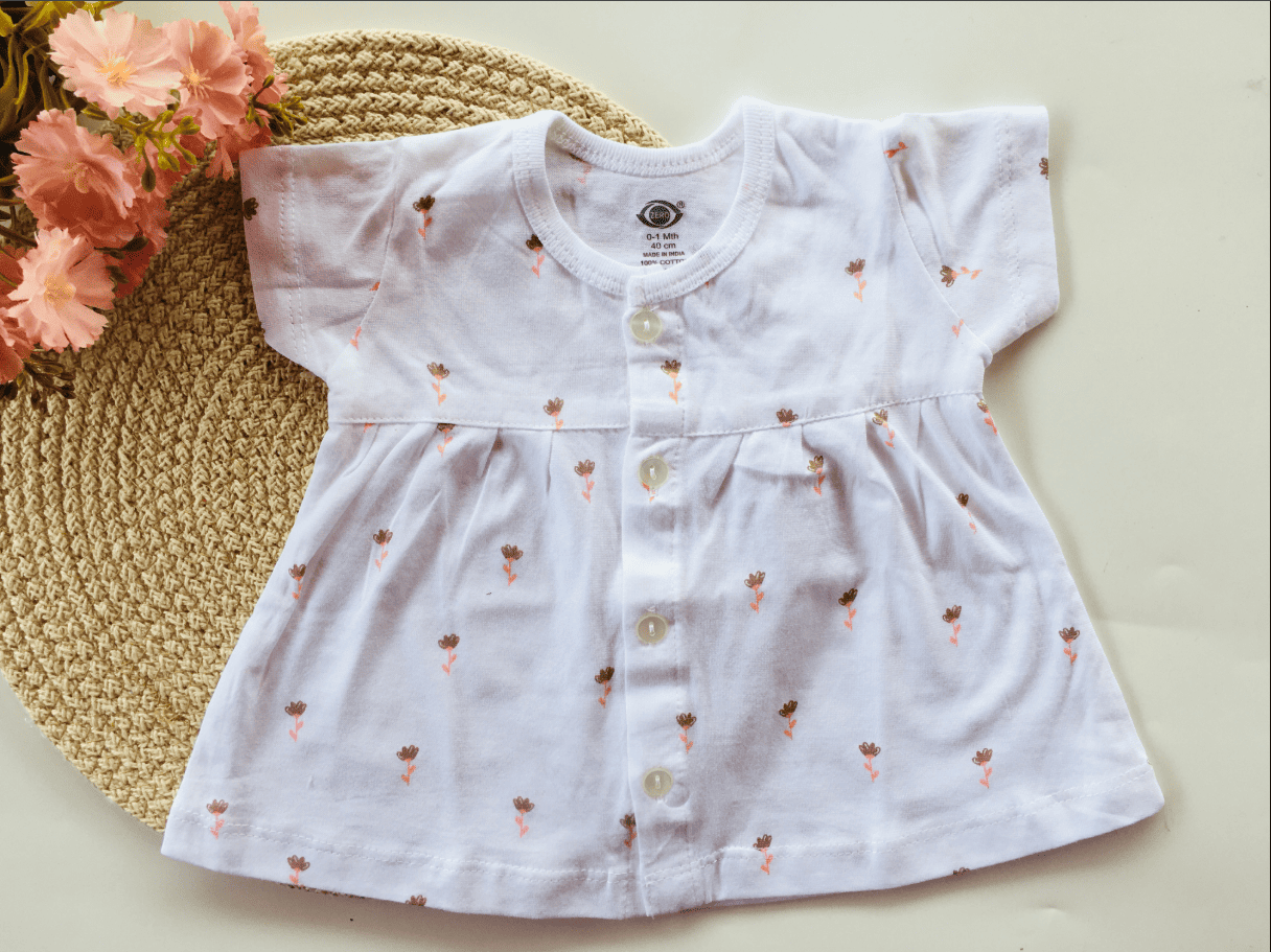 White Printed Halfsleeve Frock - Floral