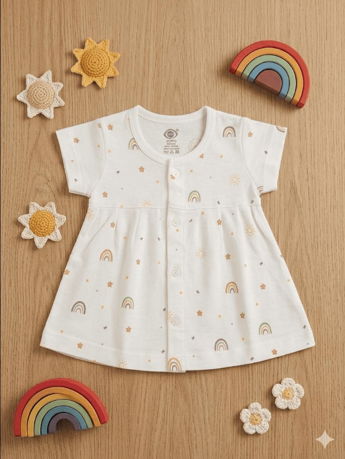 White Printed Halfsleeve Frock - Sun