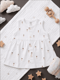 White Printed  Sleevless Cotton Frock - floral