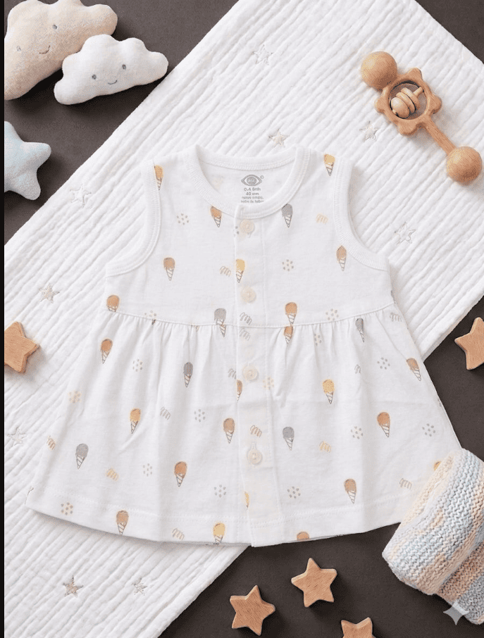 White Printed  Sleevless Cotton Frock - icecream