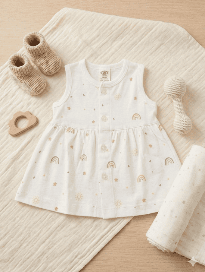 White Printed  Sleevless Cotton Frock - rainbow