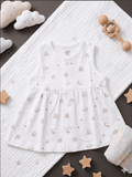 White Printed  Sleevless Cotton Frock - Sun and rainbow