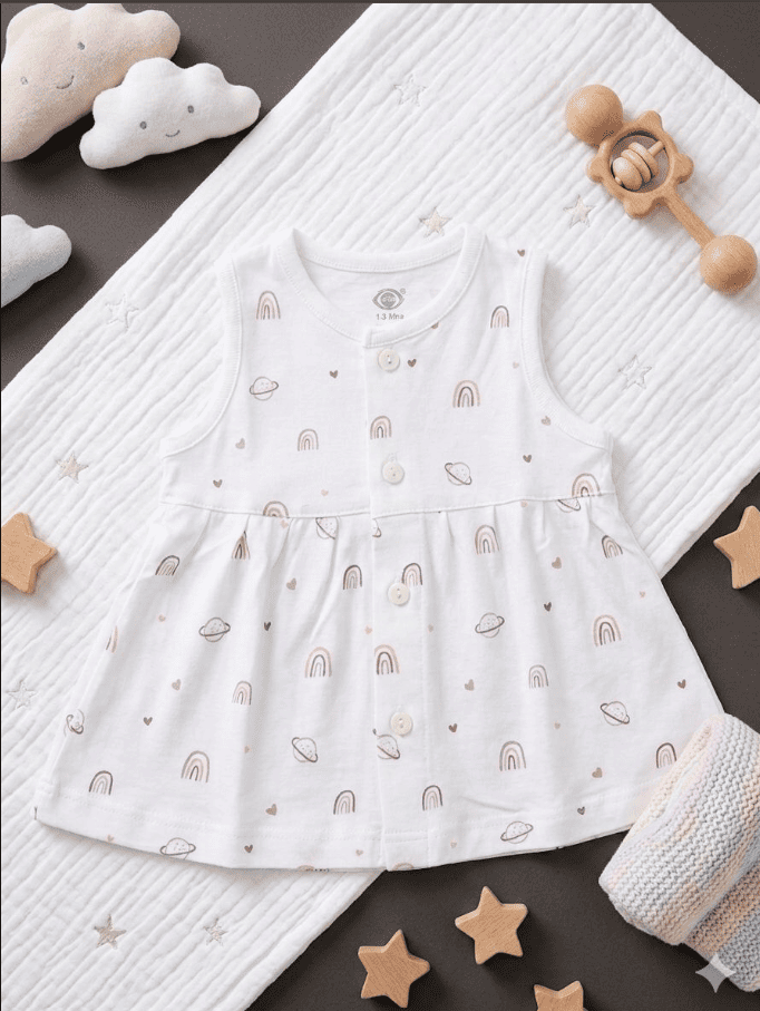 White Printed  Sleevless Cotton Frock - Sun and rainbow