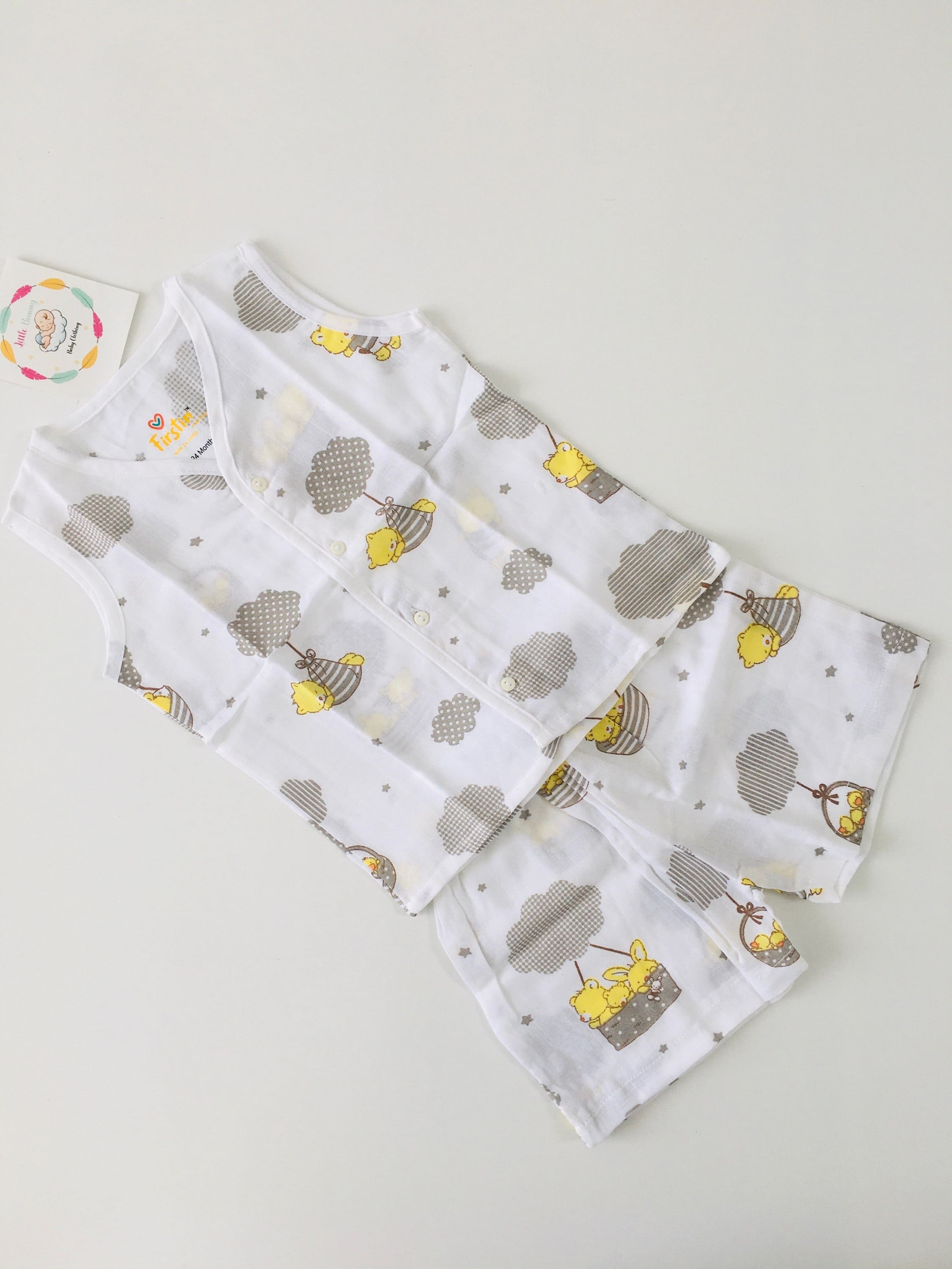 Yellow Bear on Parachute-Muslin Jabla (Sleeveless ) with Shorts